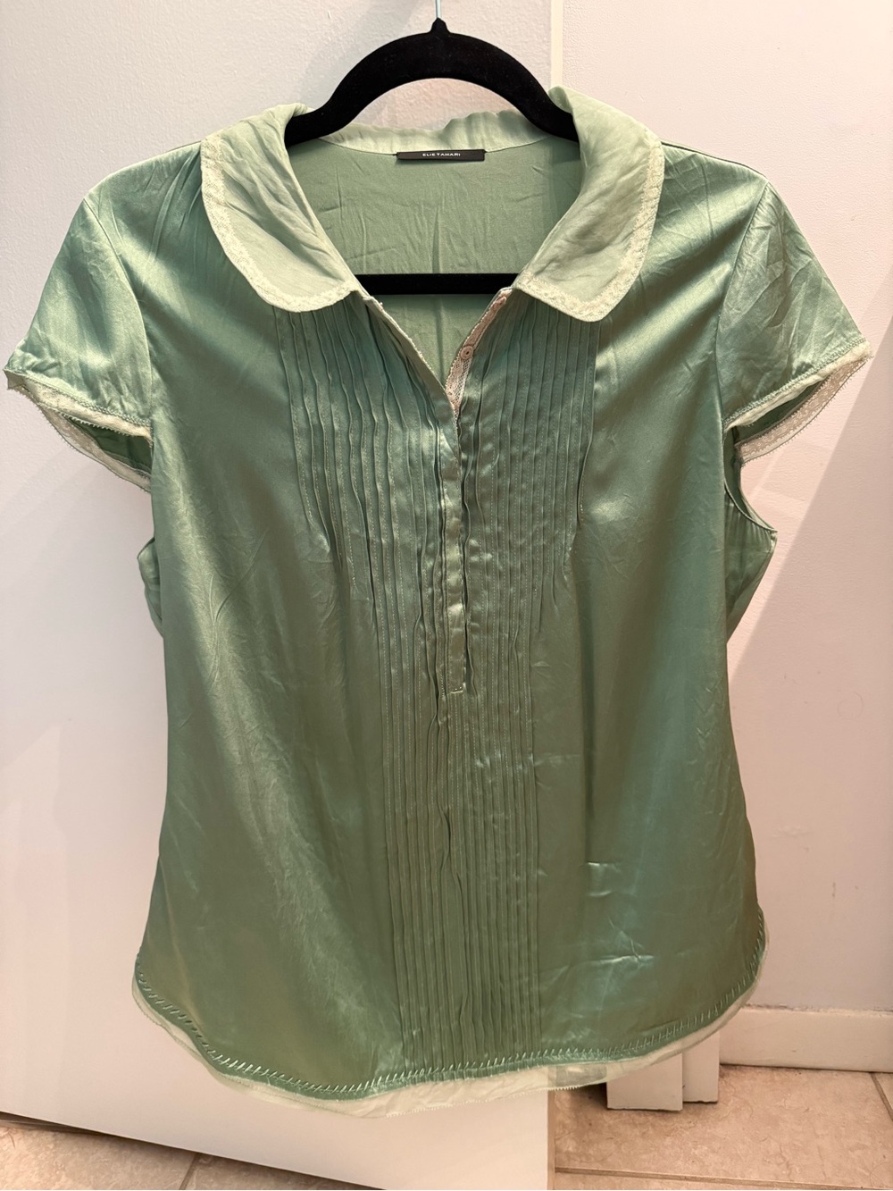 Vintage Elie Tahari Sage Green Satin Silk Pleated Blouse